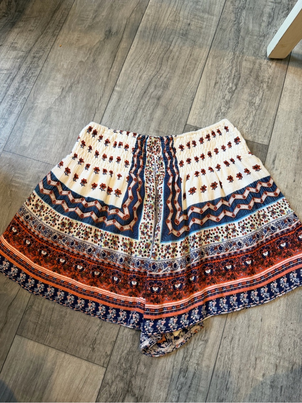 Altar'd State Cream Shorts with Navy and Orange Border Print - Picture 2 of 3